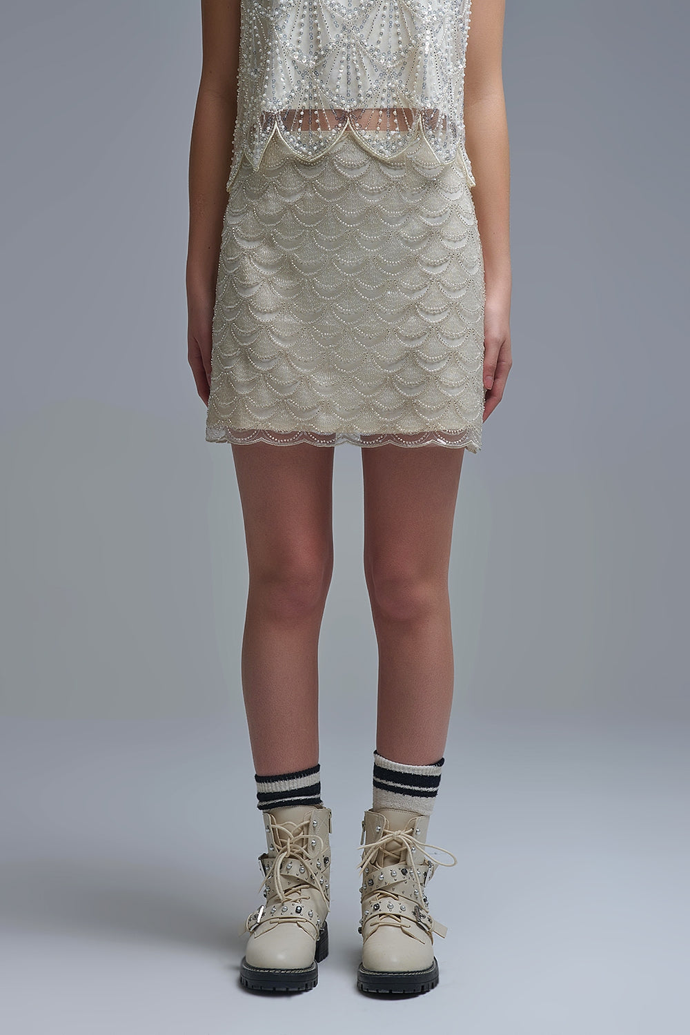 Scalloped Sequin Mini Skirt in Cream - Skirts