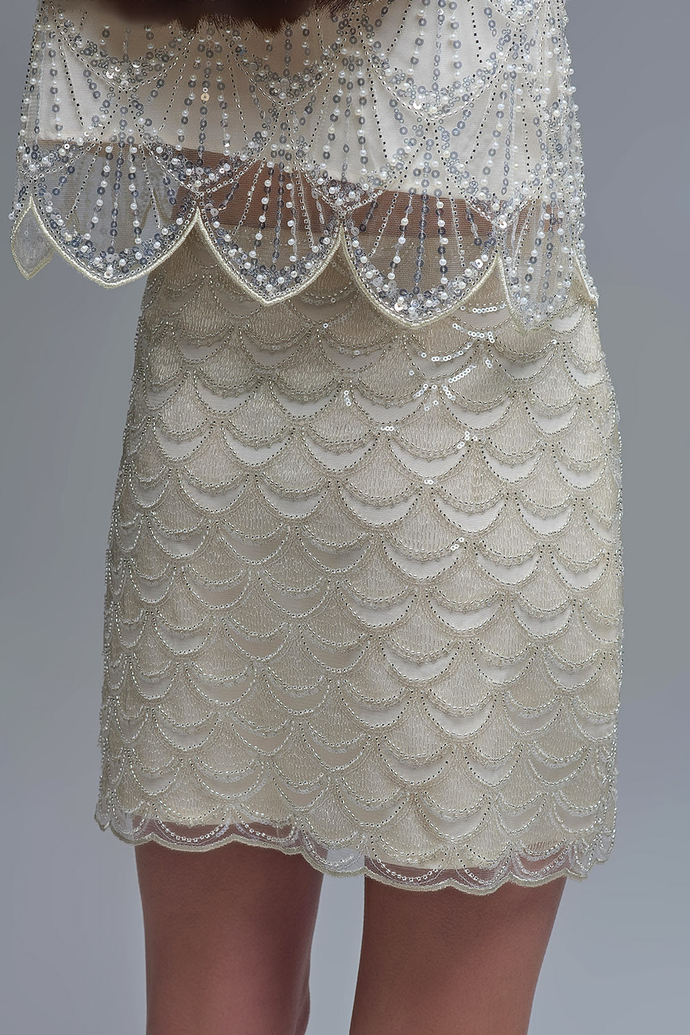 Scalloped Sequin Mini Skirt in Cream - Skirts