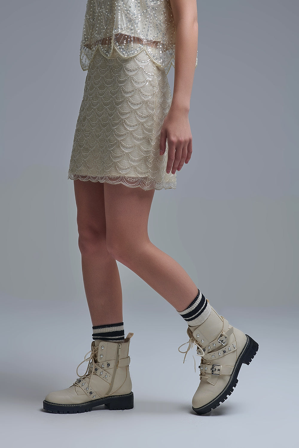 Scalloped Sequin Mini Skirt in Cream - Skirts