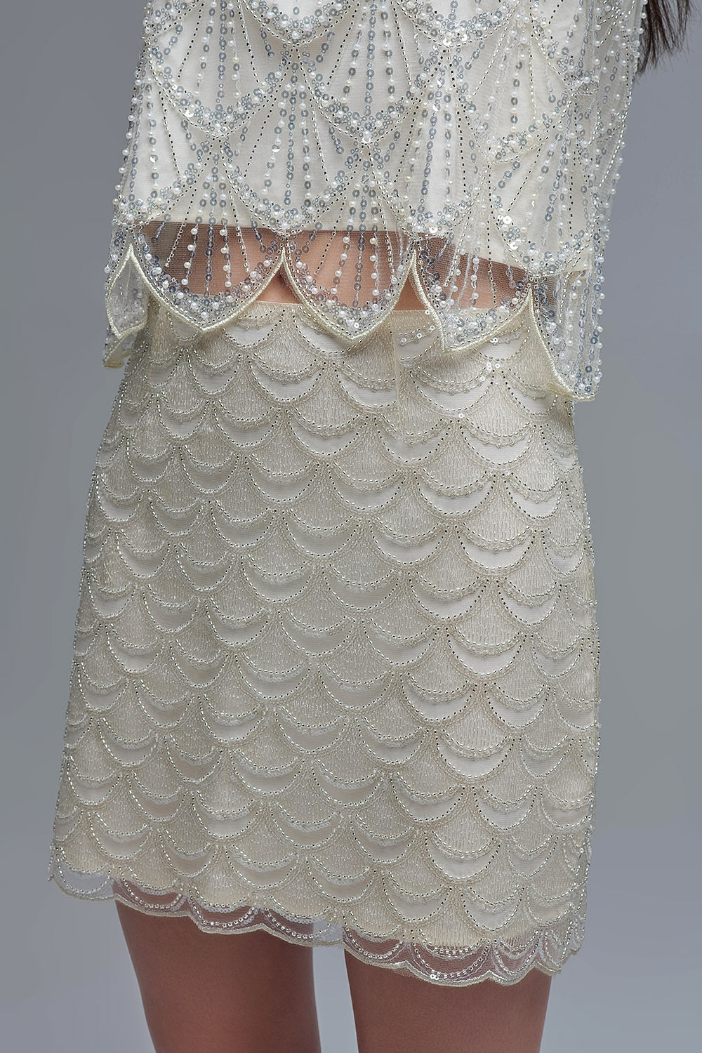 Scalloped Sequin Mini Skirt in Cream - Skirts
