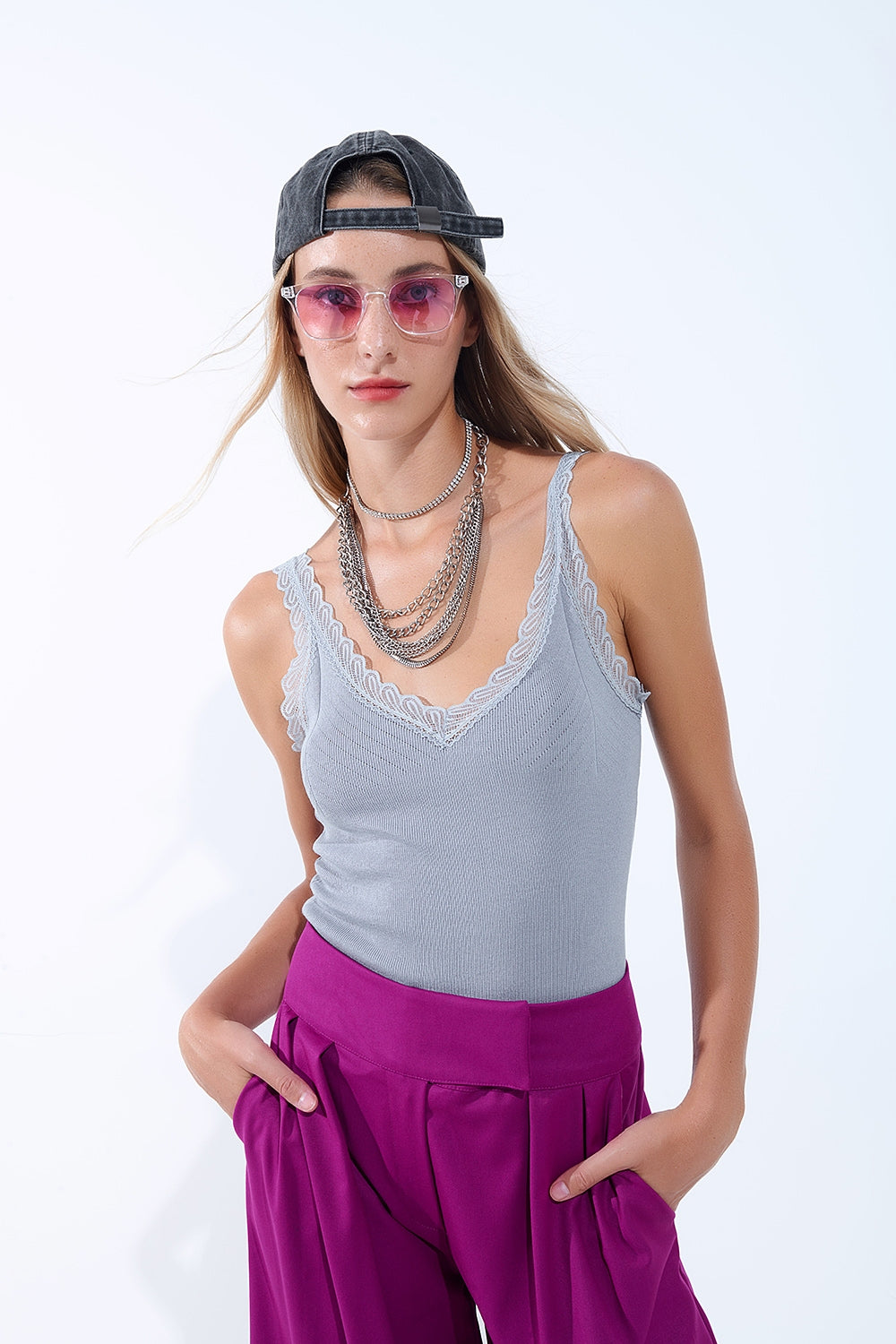 Scoop Neck Lace knitted Trim Tank Top in Grey - Tops