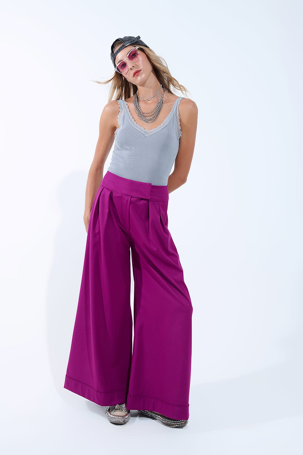 Scoop Neck Lace knitted Trim Tank Top in Grey - Tops