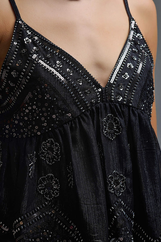 Sequin Camisole Top in black with Floral Detail embellished - Tops