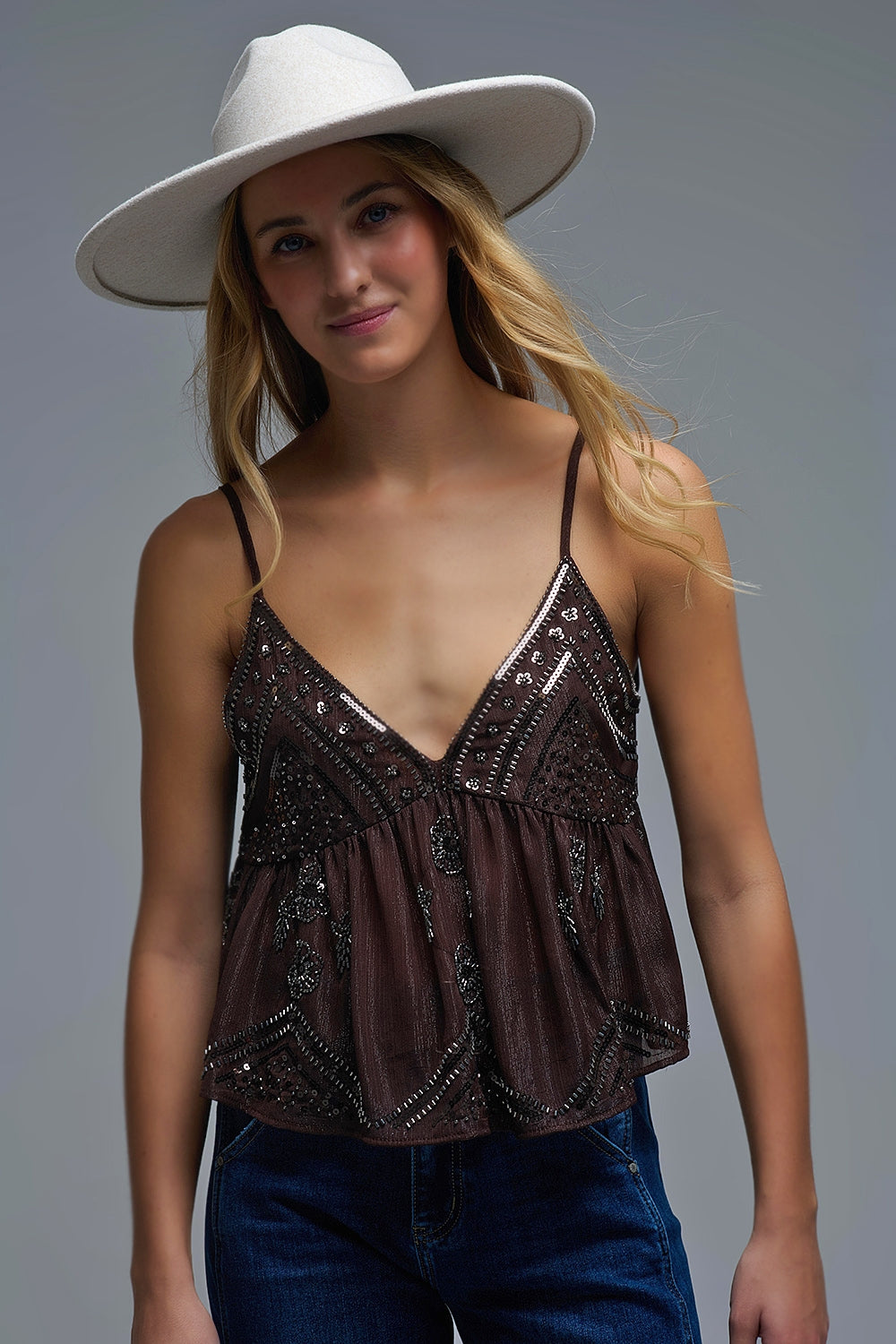 Sequin Camisole Top in brown with Floral Detail embellished - Tops
