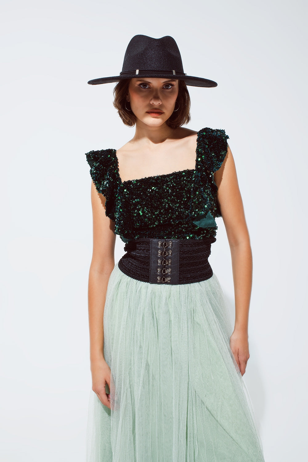 Sequin Cropped top in green with wide straps - Tops