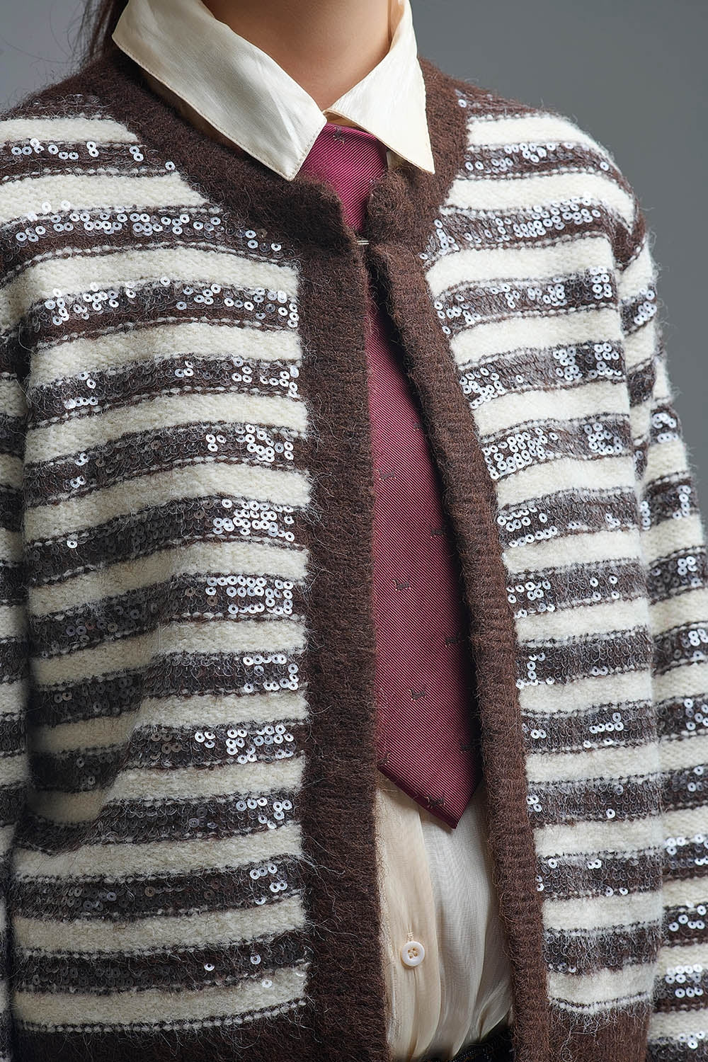 Sequin Detail Stripe Cardigan in Brown and Cream - Sweaters