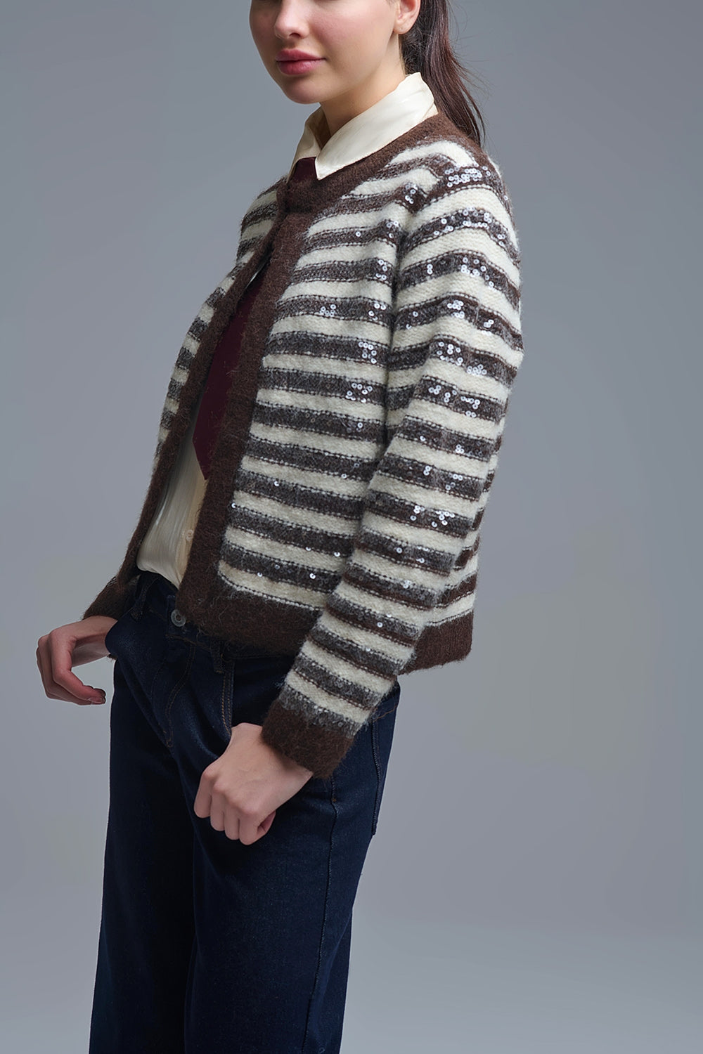 Sequin Detail Stripe Cardigan in Brown and Cream - Sweaters