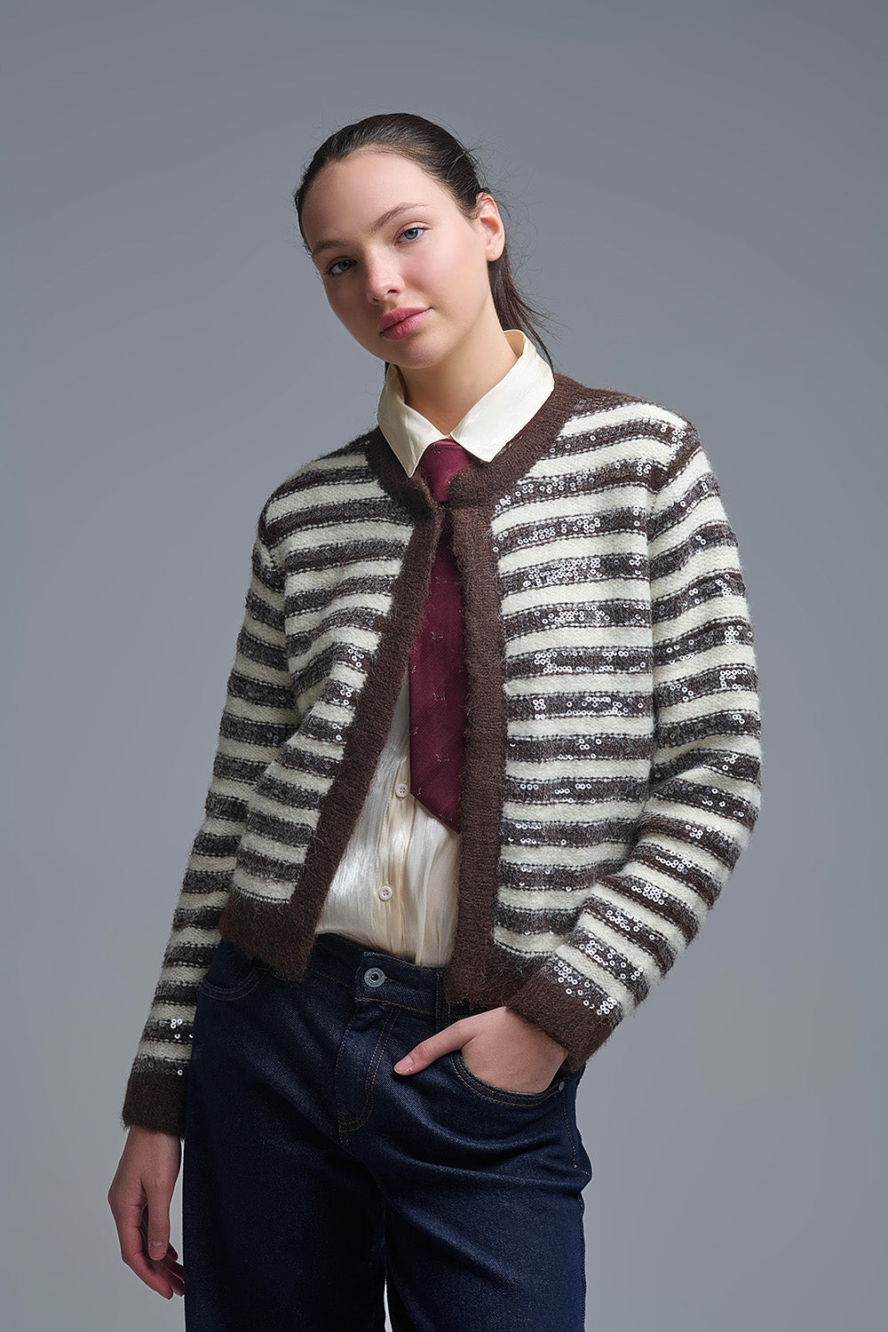 Sequin Detail Stripe Cardigan in Brown and Cream - Sweaters