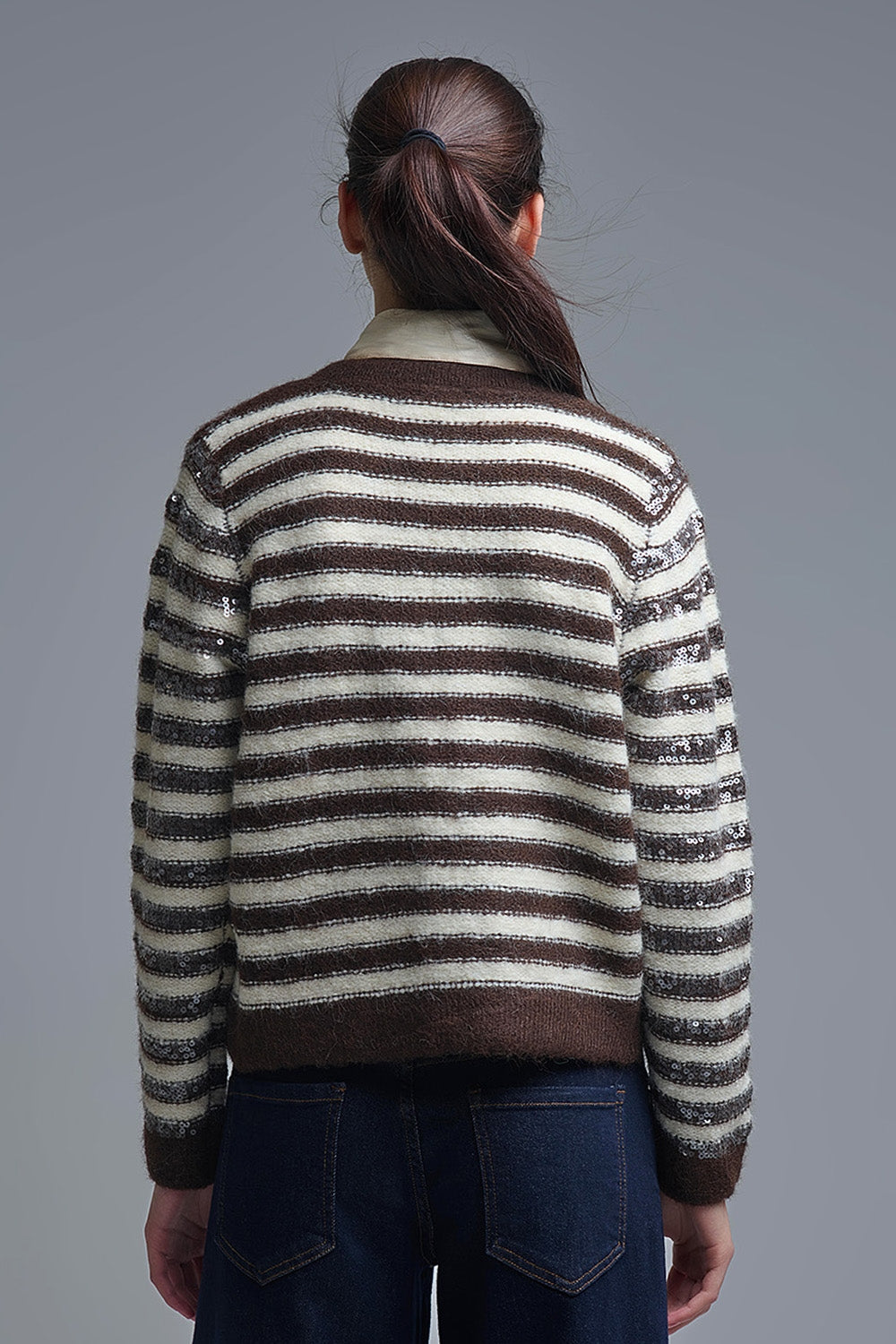 Sequin Detail Stripe Cardigan in Brown and Cream - Sweaters
