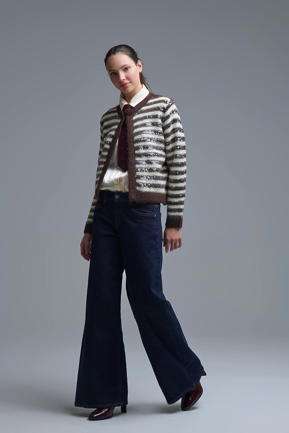 Sequin Detail Stripe Cardigan in Brown and Cream - Sweaters