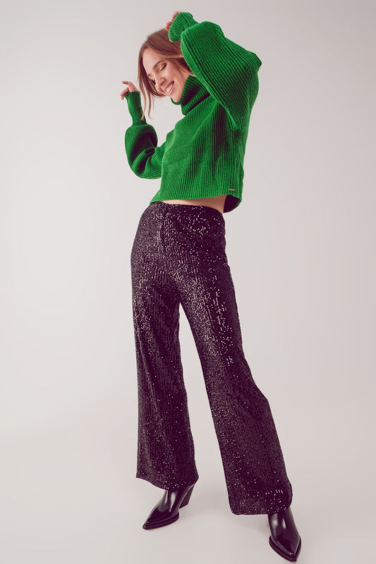 Sequin Wide Legs Pants in Black for Trendy Looks - Trousers