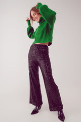 Calças de pernas largas com lantejoulas pretas para looks modernos.