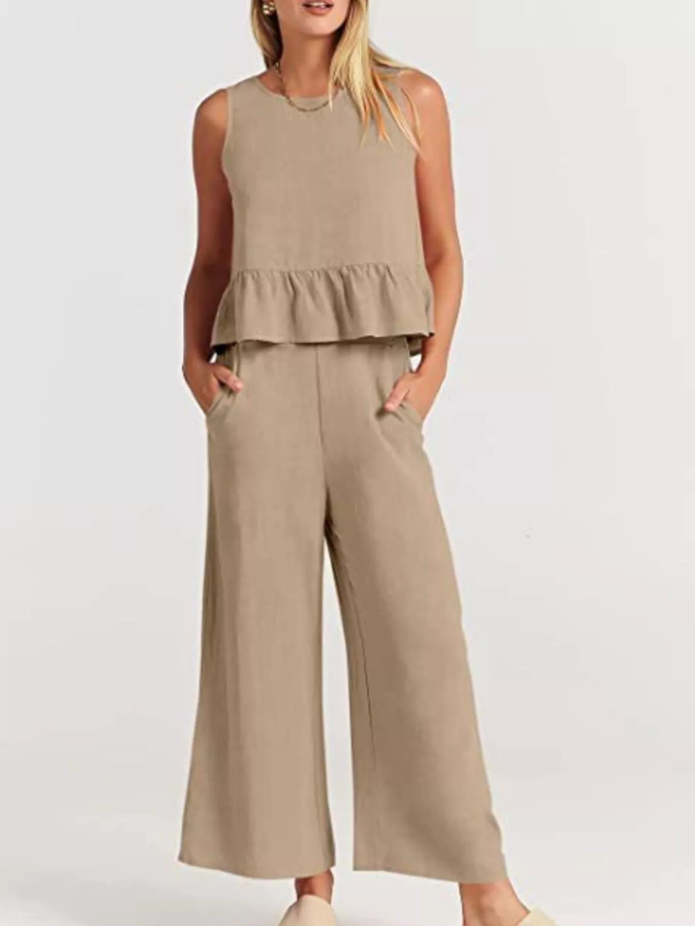 Trendsi Plus Size Set with Sleeveless Peplum Top and Wide-Leg Trousers in Beige
