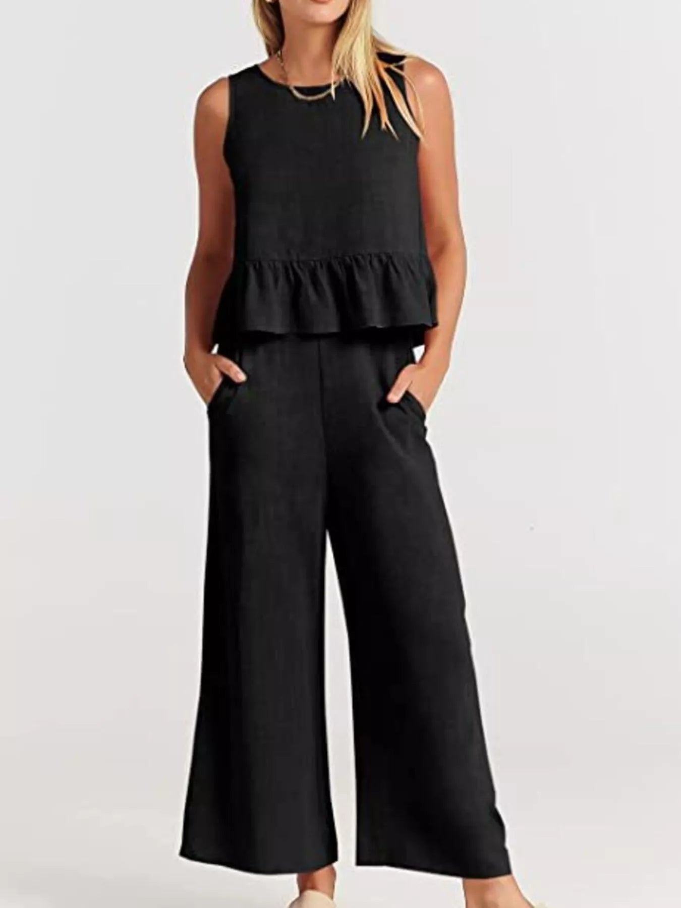 Trendsi Black Plus Size Set with Ruffled Top and Wide-Leg Trousers for Stylish Comfort