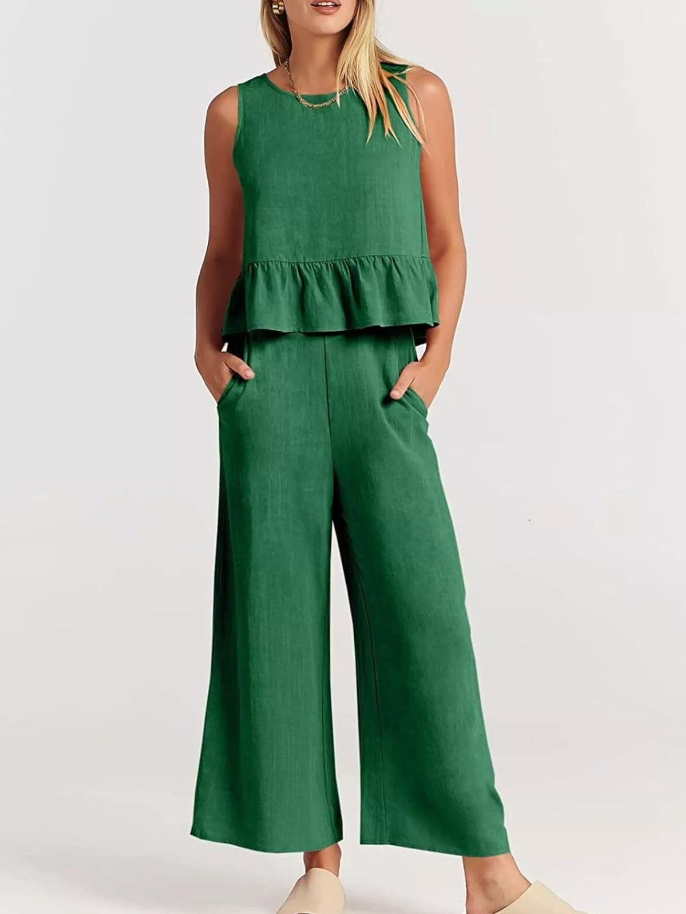 Trendsi Green Set Plus Size with Peplum Top and Wide-Leg Trousers for Stylish Comfort