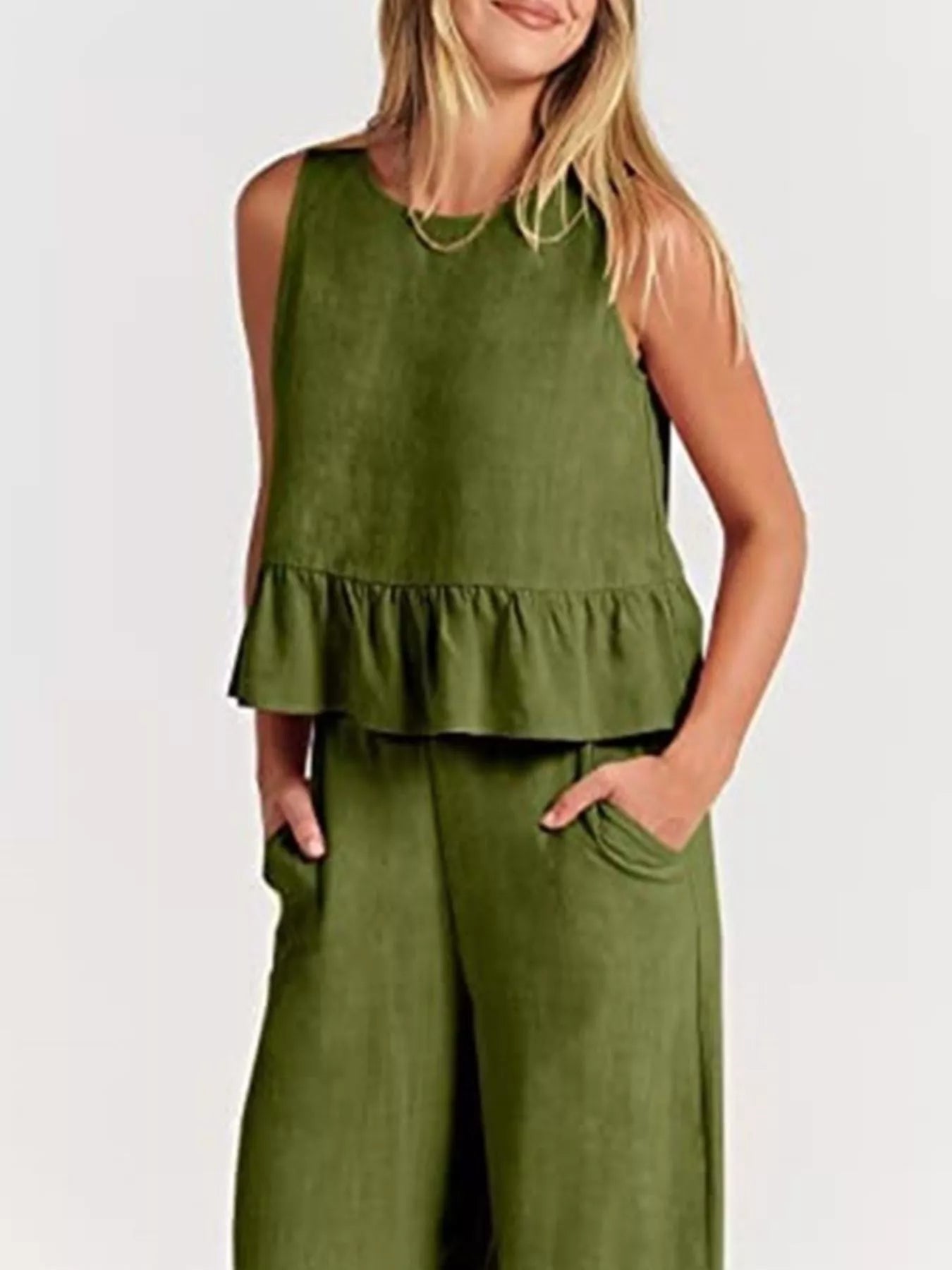 Trendsi olive green set plus size with a sleeveless top and wide-leg trousers for a stylish look