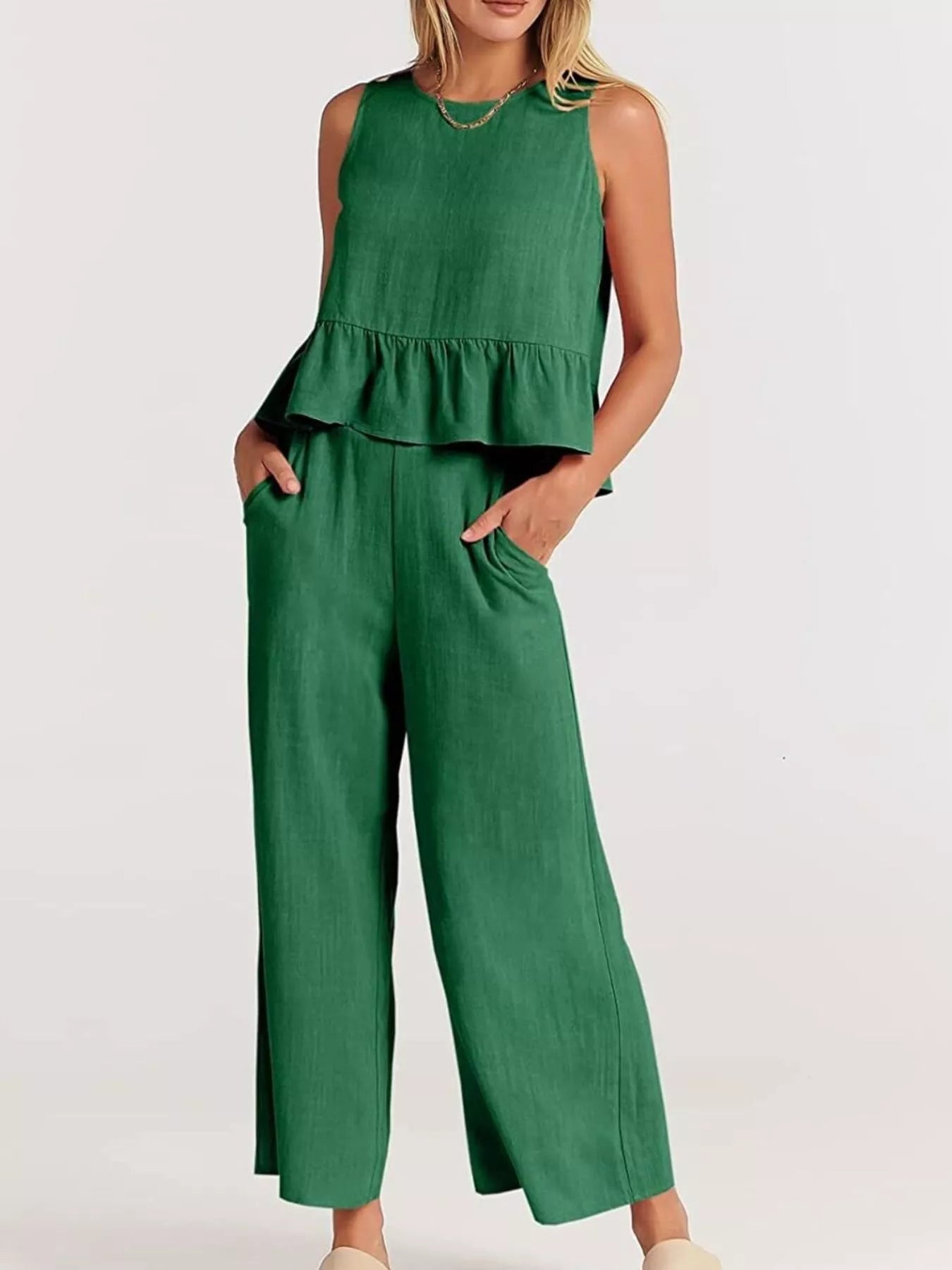 Trendsi Plus Size Set in Green with a Peplum Top and Wide-Leg Trousers for a Stylish Look