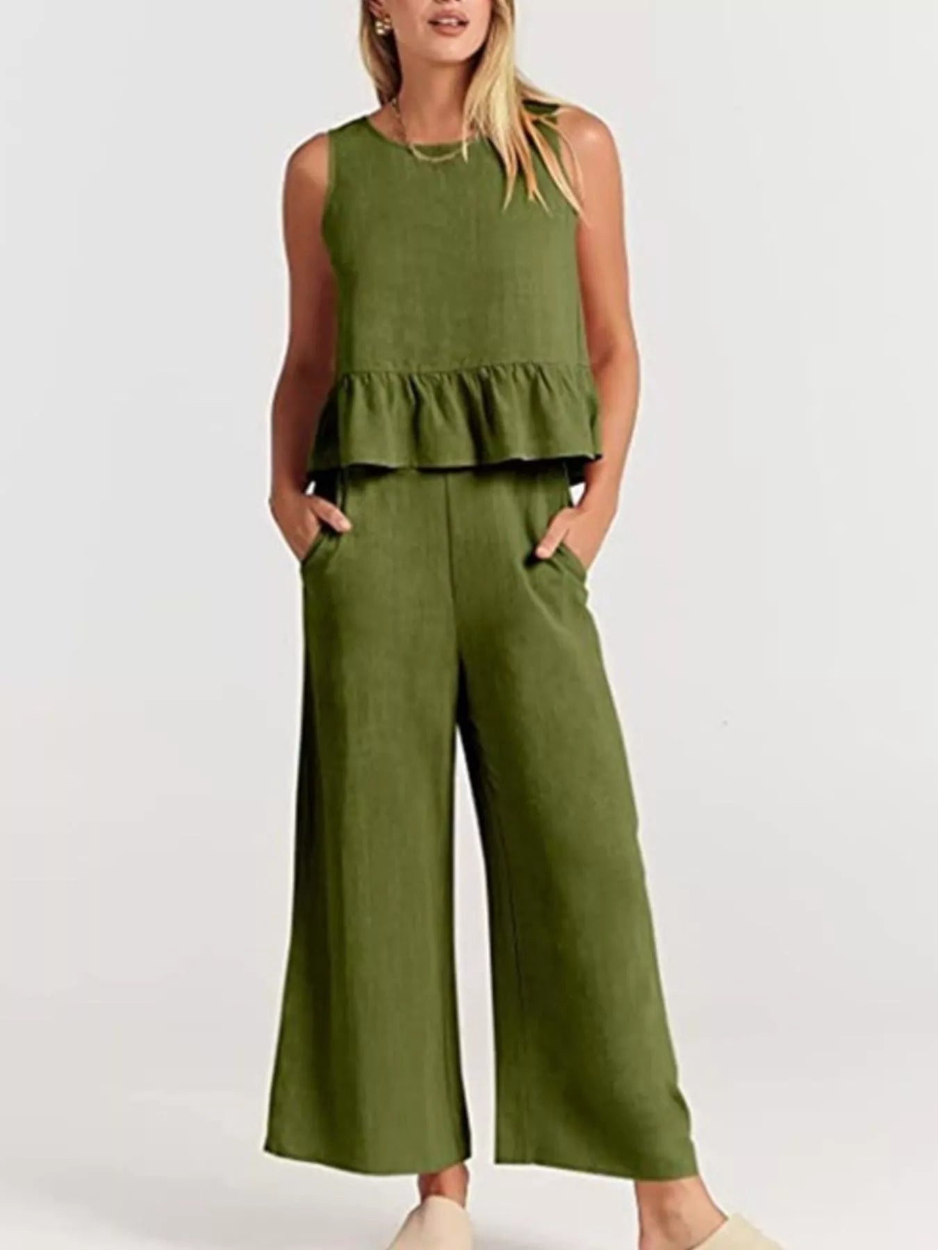 Trendsi set plus size in olive green featuring a peplum top and wide-leg trousers