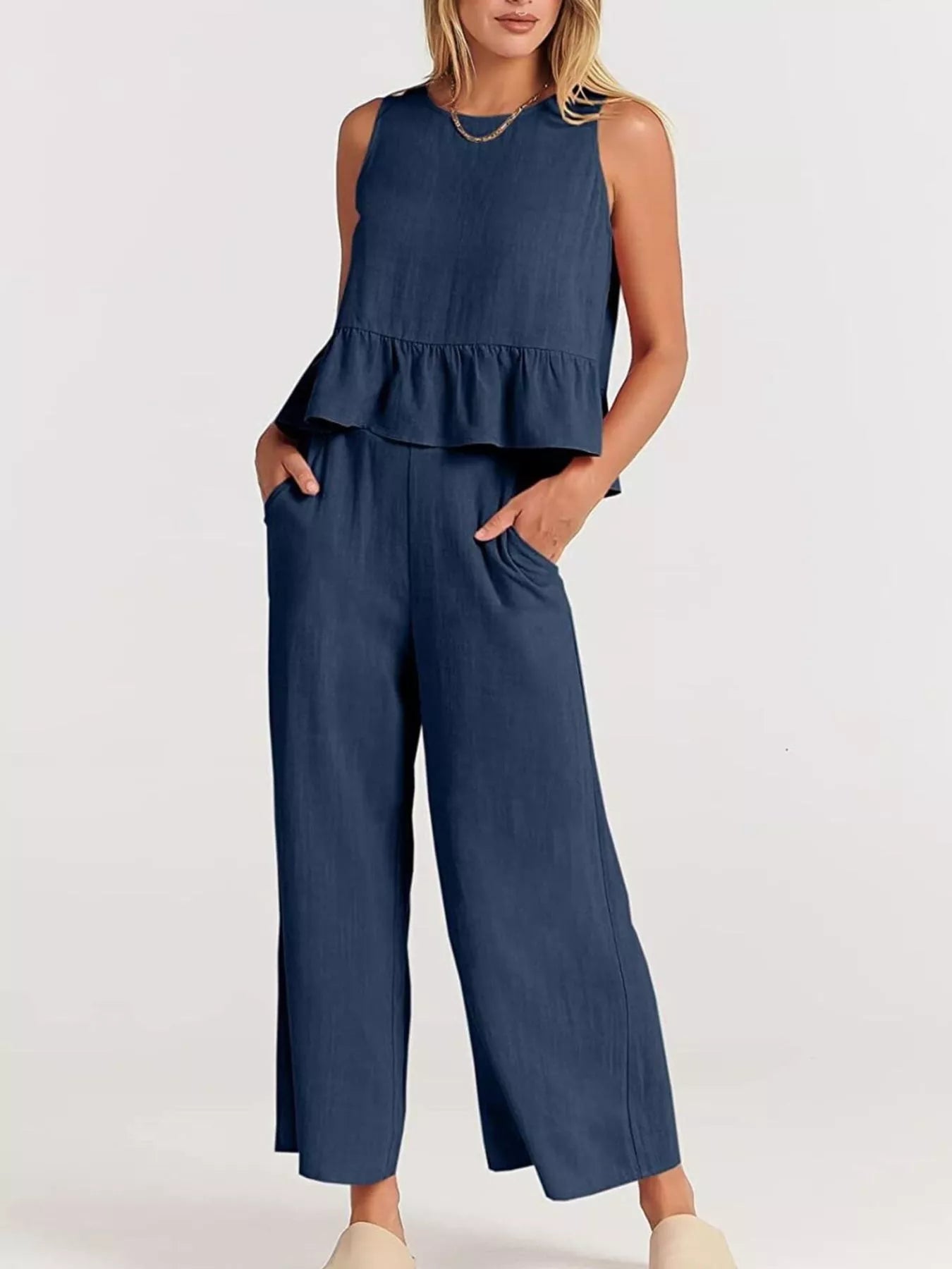 Trendsi Navy Set Plus Size with a Peplum Top and Wide-Leg Trousers, featuring front pockets