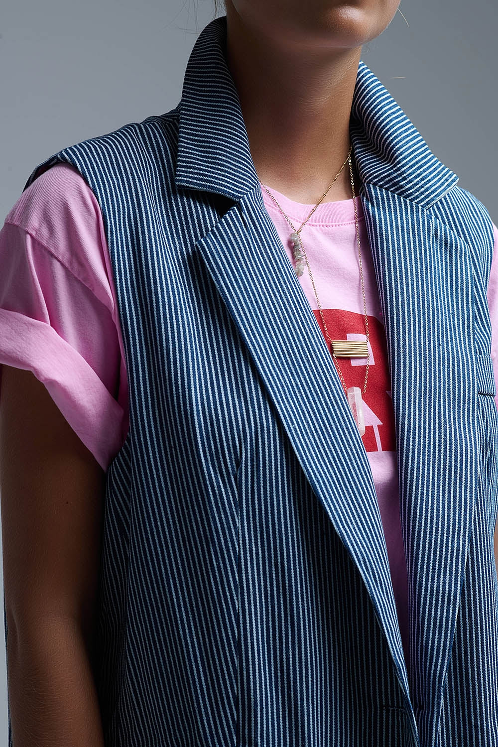 Shawl Collar Long Striped Vest in Blue and White - Coats and Jackets