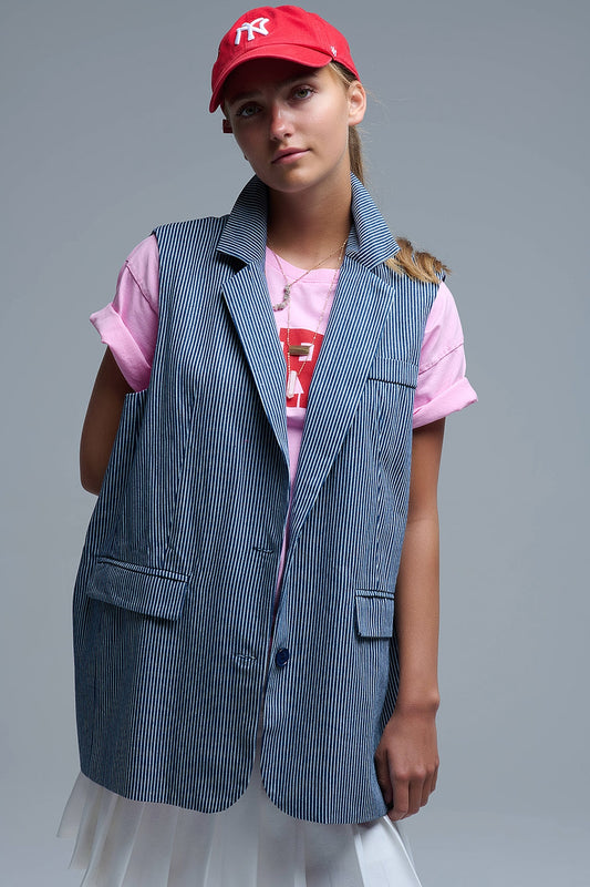 Shawl Collar Long Striped Vest in Blue and White - Coats and Jackets