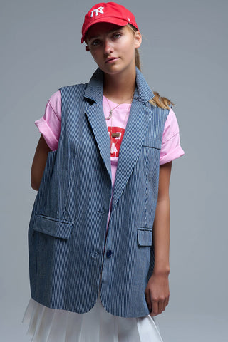 Gilet long à rayures bleu et blanc à col châle