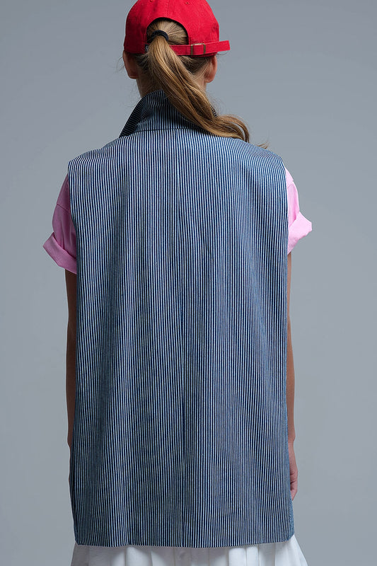 Shawl Collar Long Striped Vest in Blue and White - Coats and Jackets