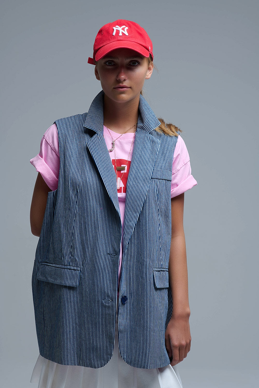 Shawl Collar Long Striped Vest in Blue and White - Coats and Jackets