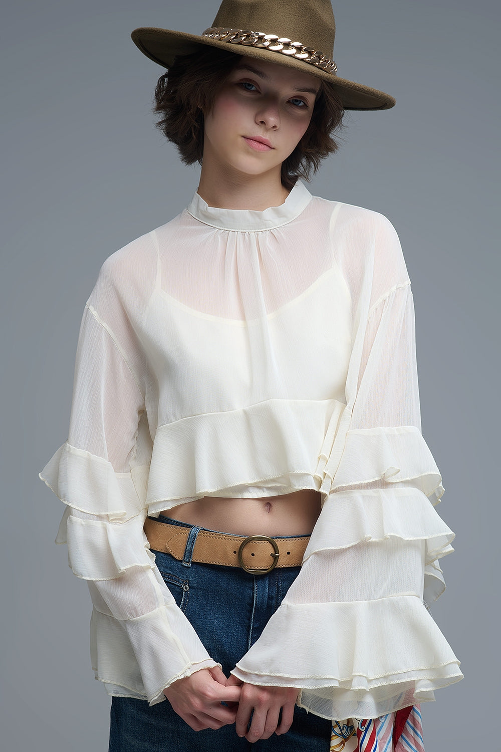 Sheer Cape-style Beige Blouse in chiffon With Ruffles - Shirts