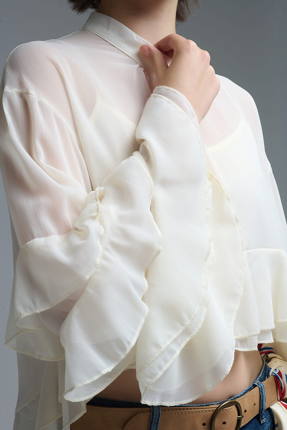 Sheer Cape-style Beige Blouse in chiffon With Ruffles - Shirts