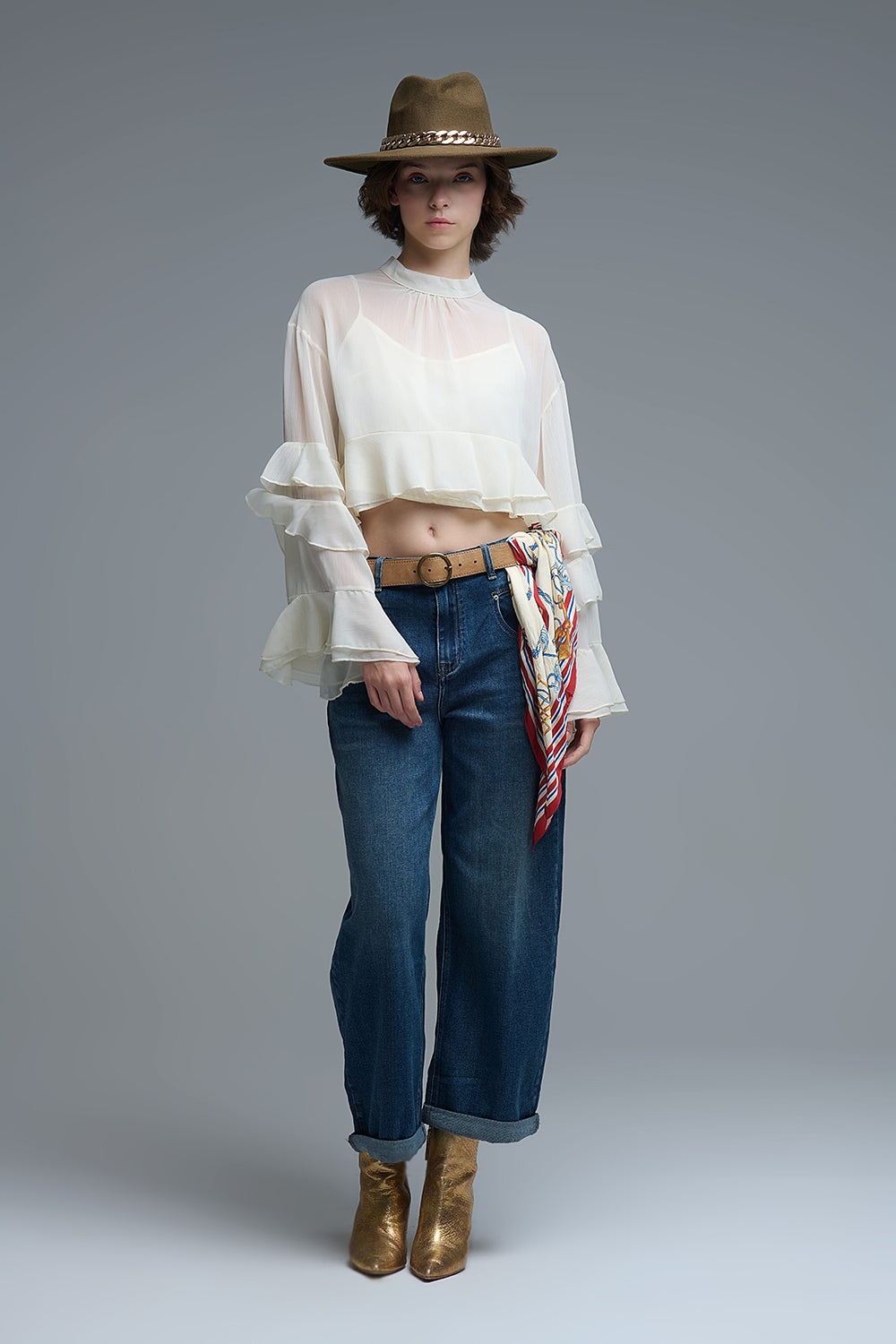 Sheer Cape-style Beige Blouse in chiffon With Ruffles - Shirts