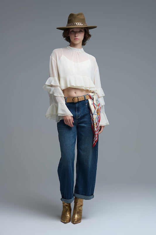 Sheer Cape-style Beige Blouse in chiffon With Ruffles - Shirts