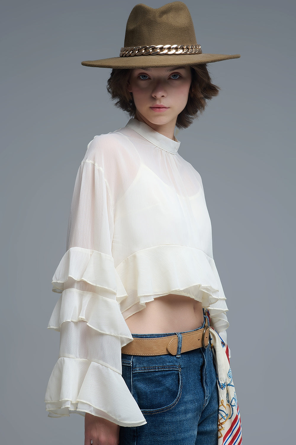 Sheer Cape-style Beige Blouse in chiffon With Ruffles - Shirts