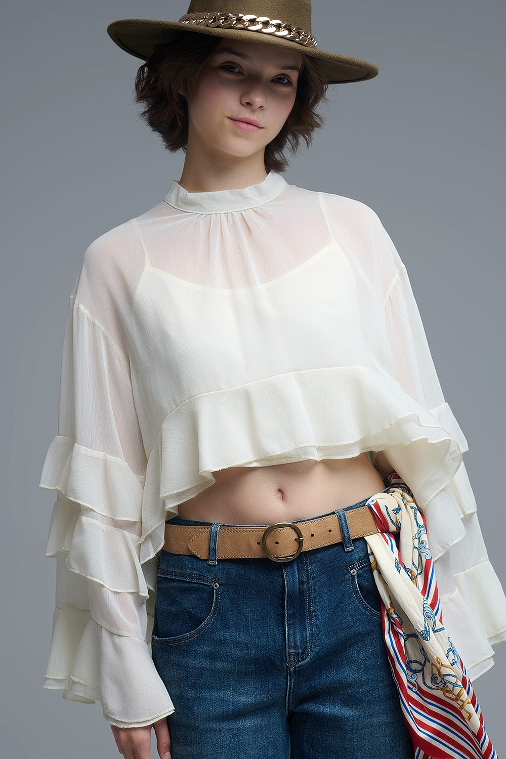Sheer Cape-style Beige Blouse in chiffon With Ruffles - Shirts