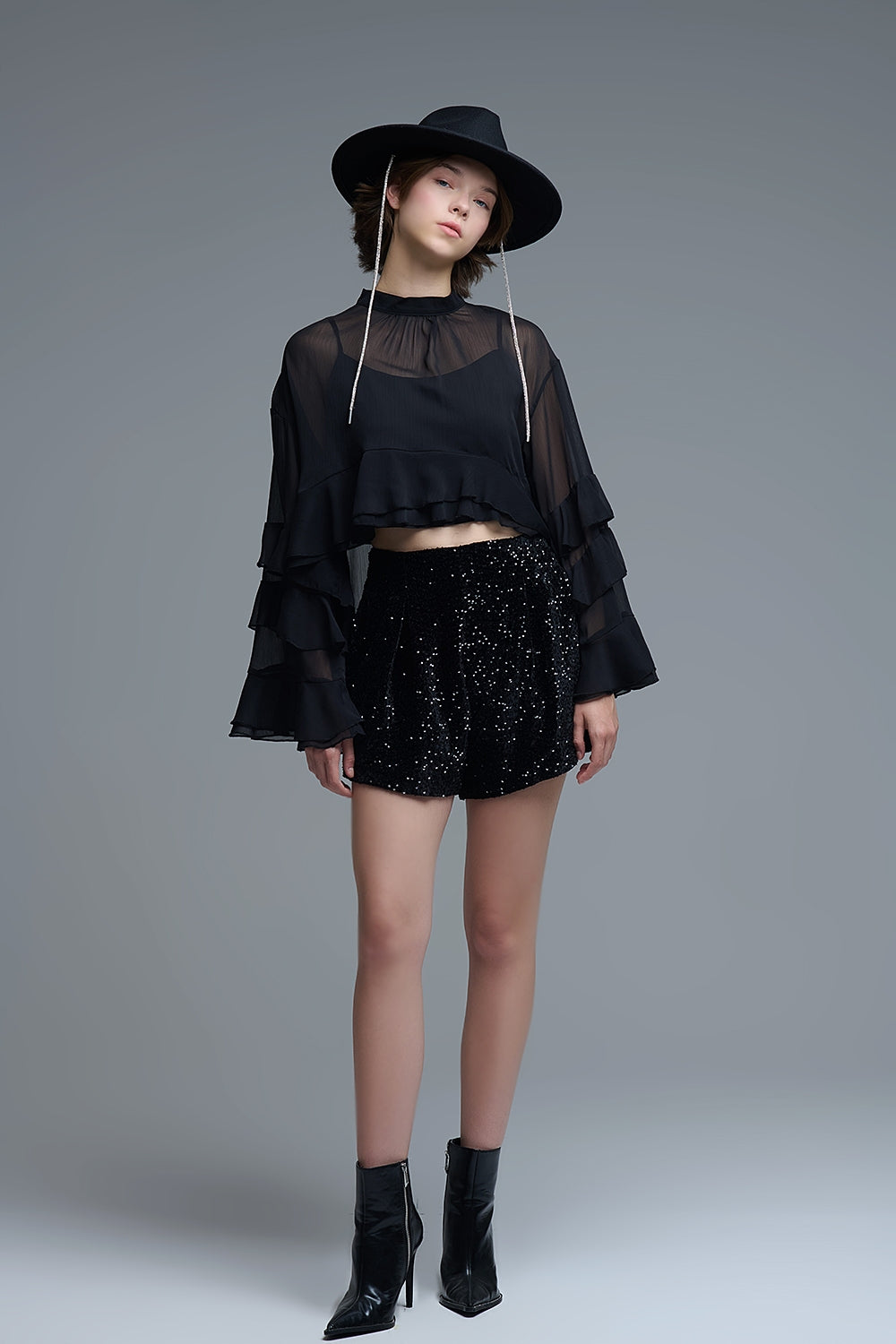 Sheer Cape-style Black Blouse in chiffon With Ruffles - Tops