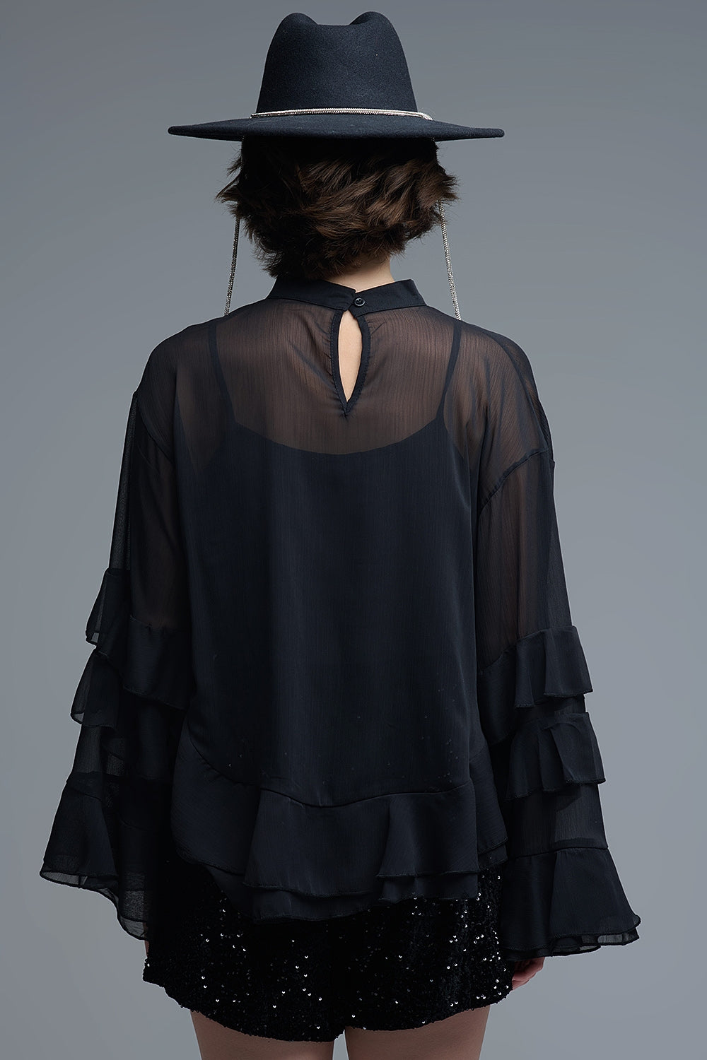 Sheer Cape-style Black Blouse in chiffon With Ruffles - Tops