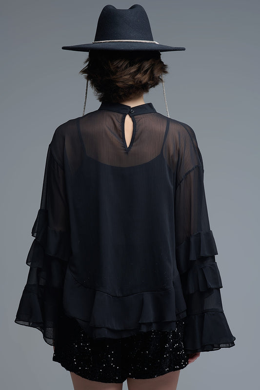 Sheer Cape-style Black Blouse in chiffon With Ruffles - Tops