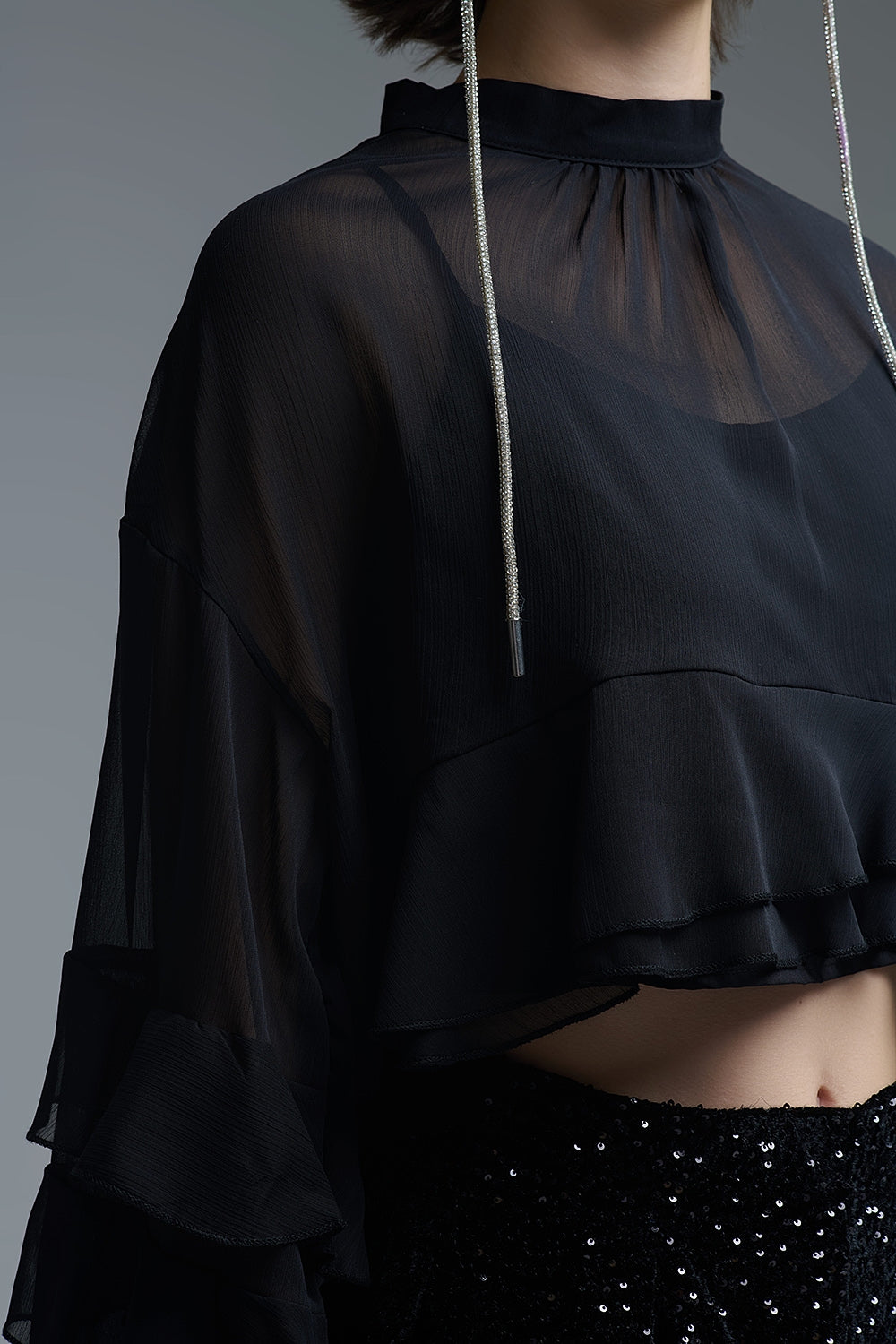 Sheer Cape-style Black Blouse in chiffon With Ruffles - Tops