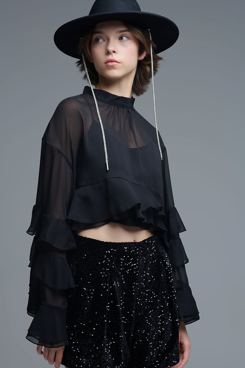 Sheer Cape-style Black Blouse in chiffon With Ruffles - Tops