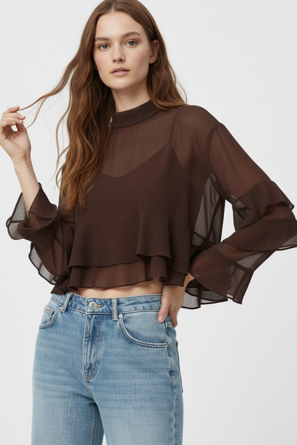 Sheer Cape-style Brown Blouse in chiffon With Ruffles - Tops