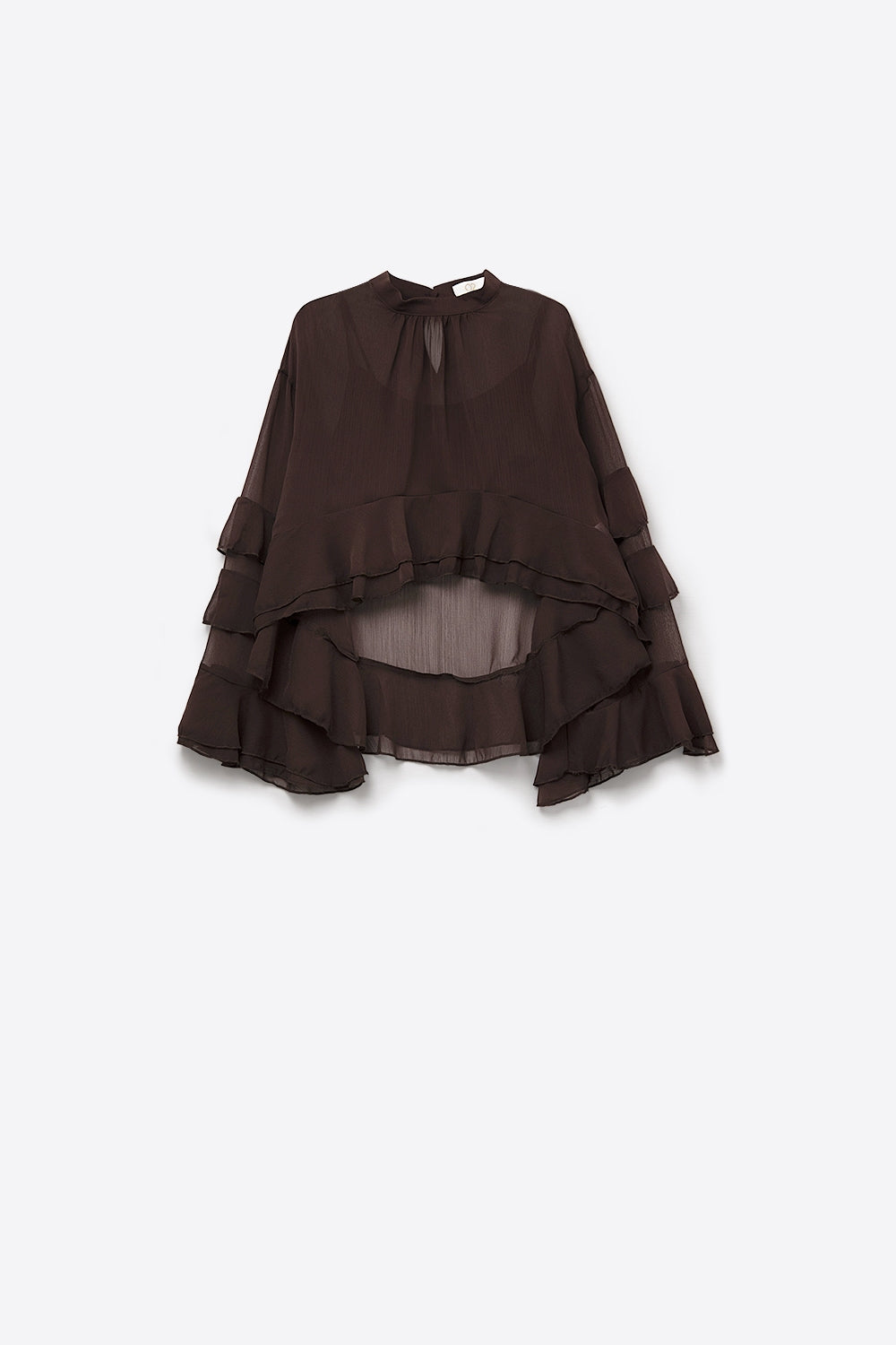 Sheer Cape-style Brown Blouse in chiffon With Ruffles - Tops