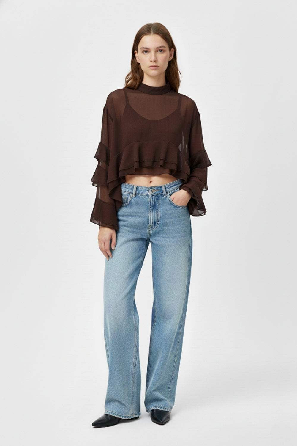 Sheer Cape-style Brown Blouse in chiffon With Ruffles - Tops