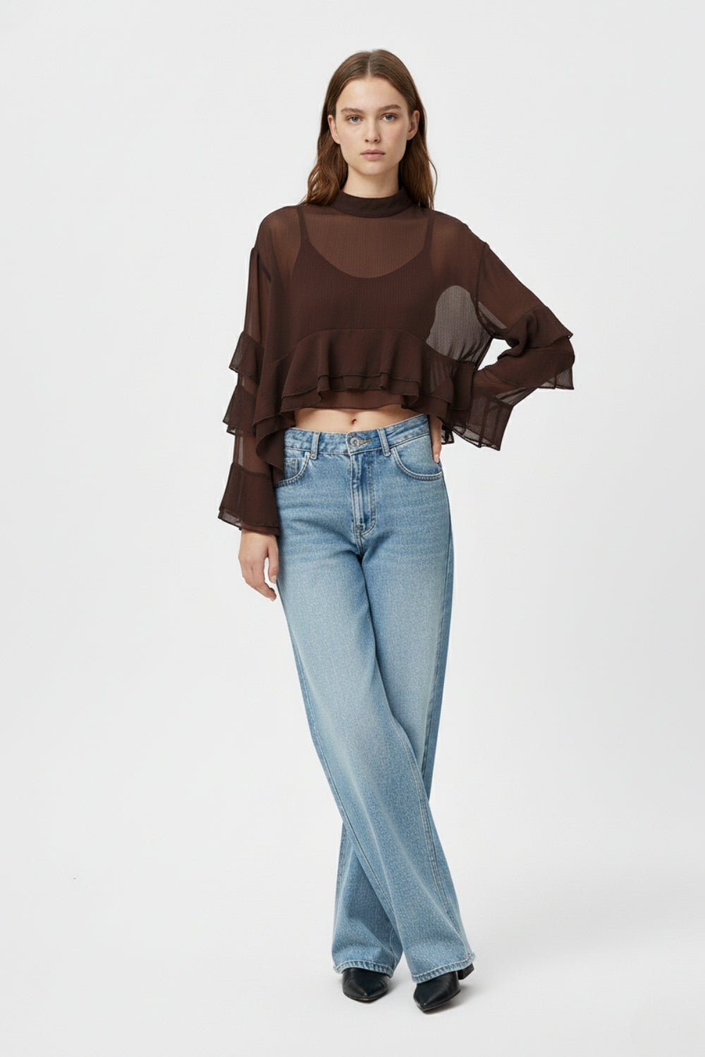 Sheer Cape-style Brown Blouse in chiffon With Ruffles - Tops