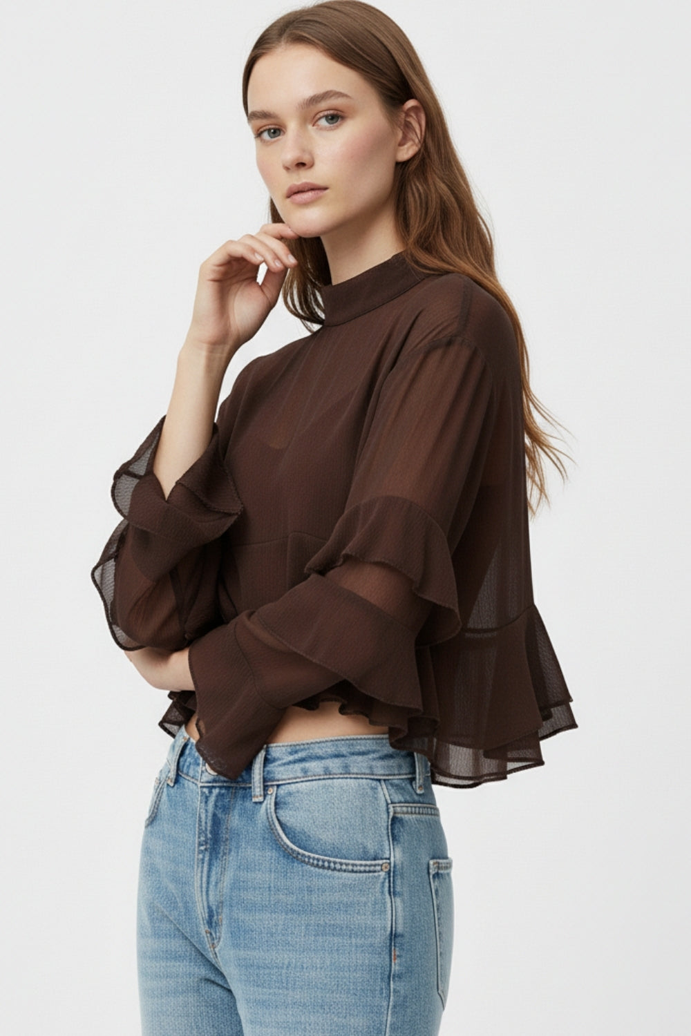 Sheer Cape-style Brown Blouse in chiffon With Ruffles - Tops