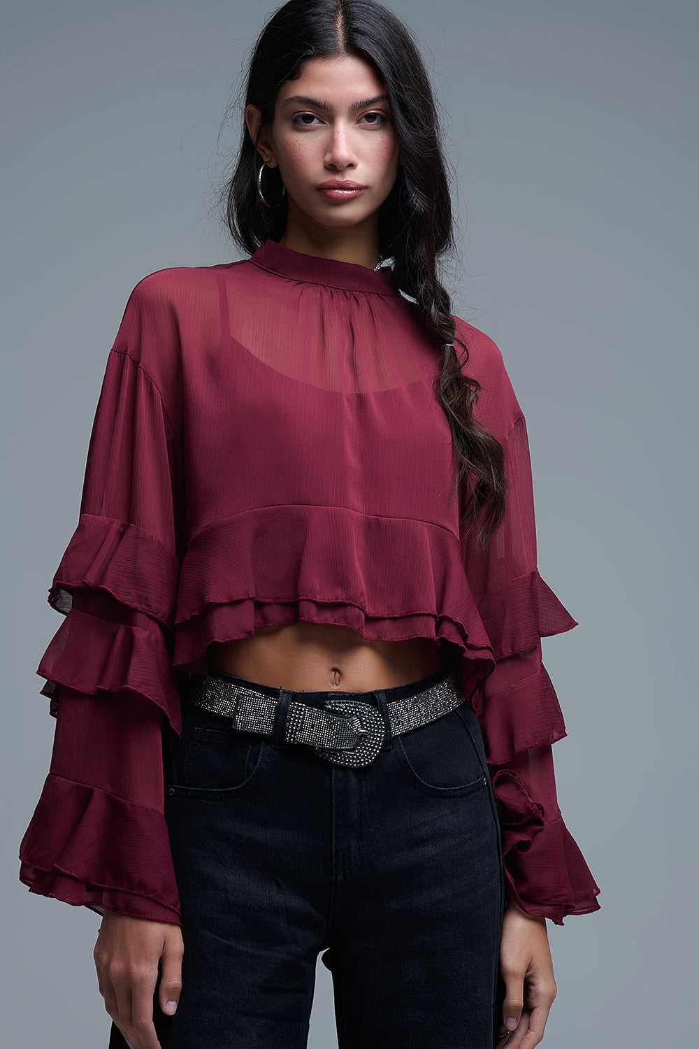 Sheer Cape-style Burgundy Blouse in chiffon With Ruffles - Shirts