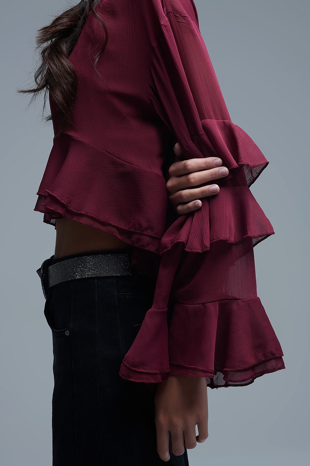 Sheer Cape-style Burgundy Blouse in chiffon With Ruffles - Shirts