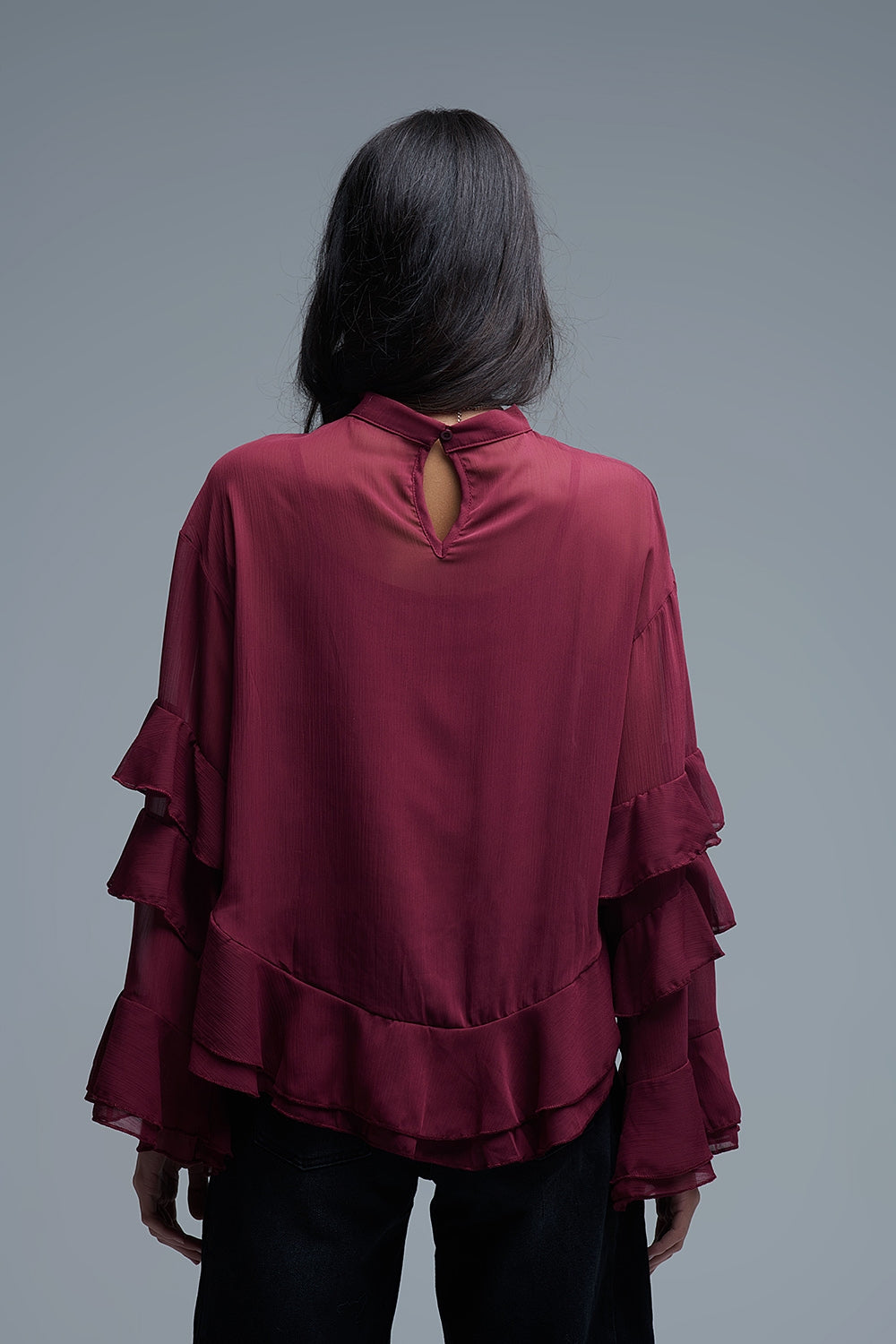 Sheer Cape-style Burgundy Blouse in chiffon With Ruffles - Shirts