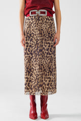 jupe midi moulante longue et transparente à imprimé léopard