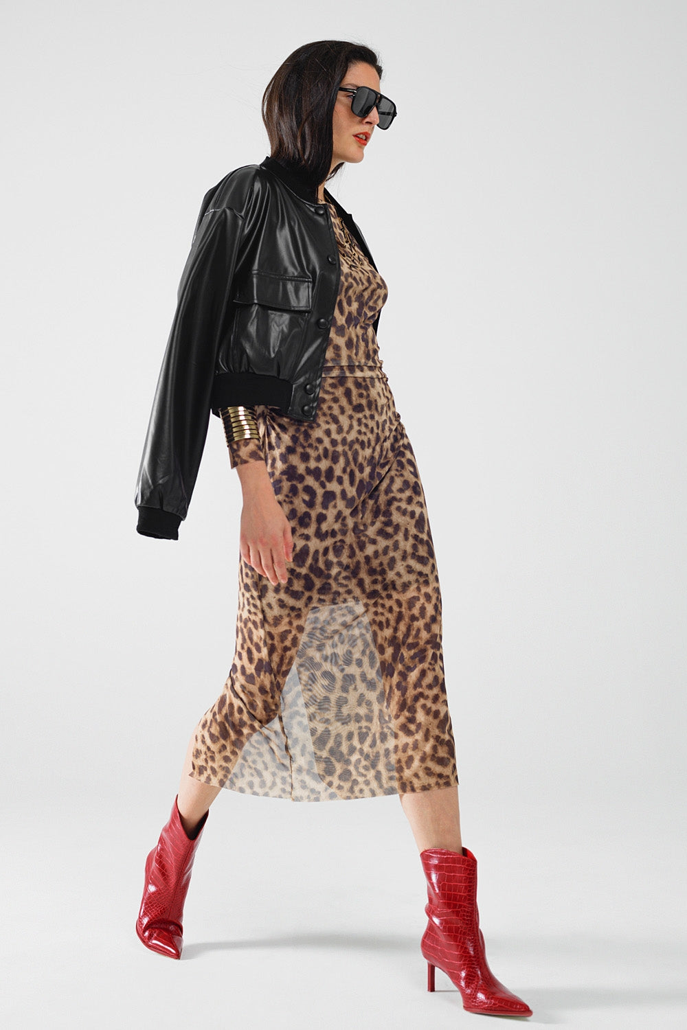 sheer long sleeve leopard print bodycon midi dress - Dresses