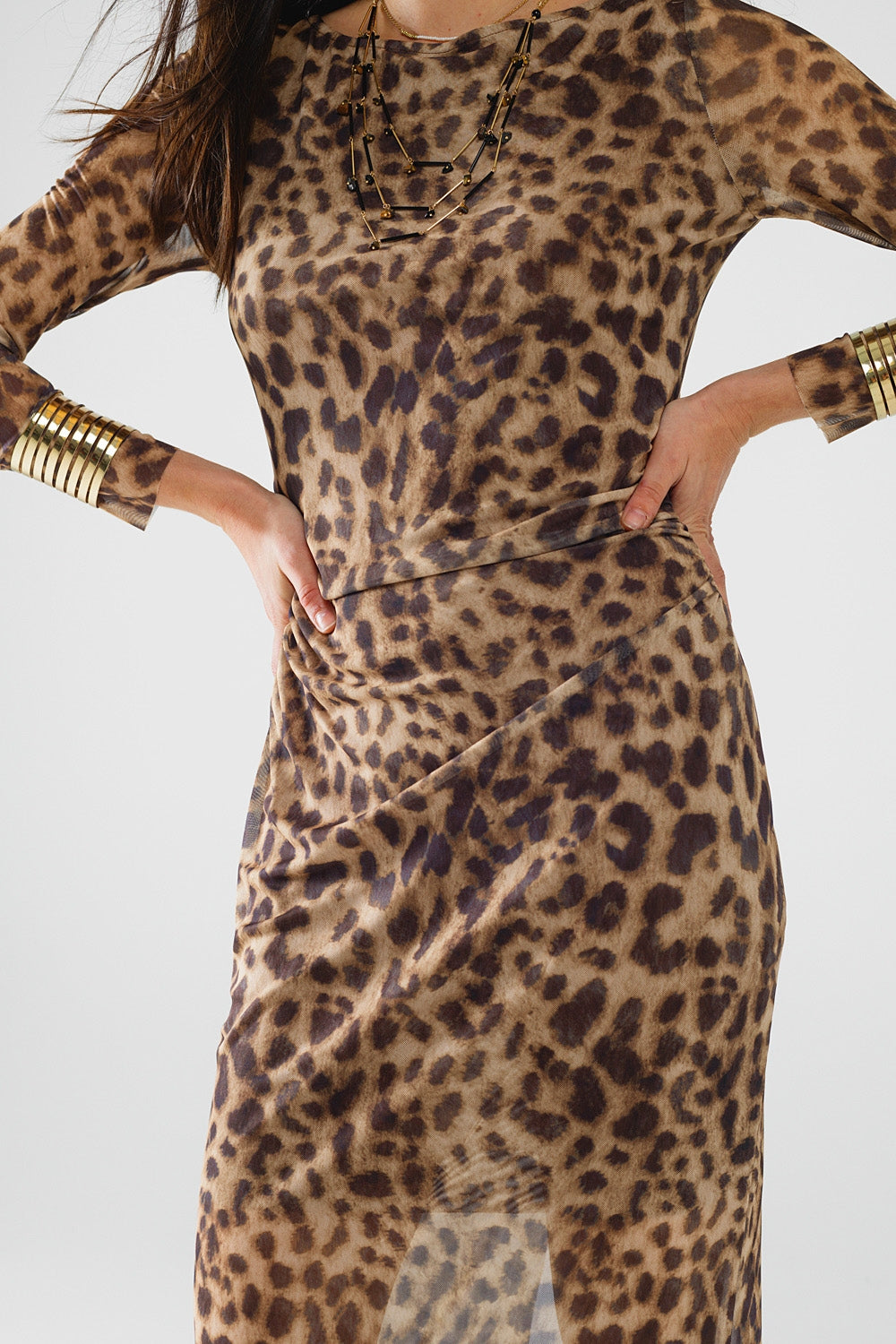 sheer long sleeve leopard print bodycon midi dress - Dresses